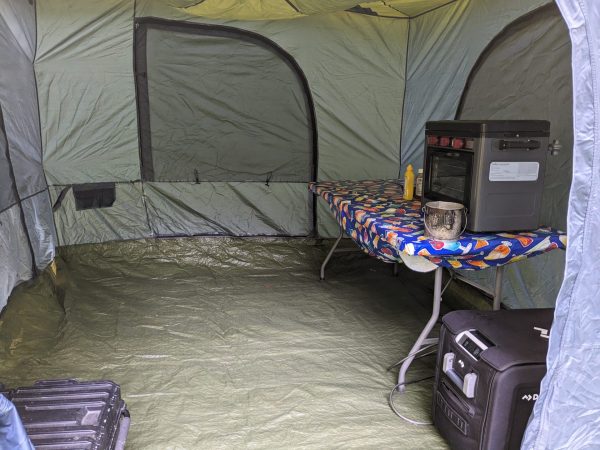 Ready for the rain, we don't use the stove insde the one room tent